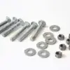 Six bolts, six washers, and six hex nuts from the Galvanized Carriage Bolt Attachment Kit are arranged neatly on a white surface.