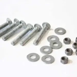 Six bolts, six washers, and six hex nuts from the Galvanized Carriage Bolt Attachment Kit are arranged neatly on a white surface.