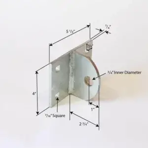 T-Hinge Plate: L-shaped metal bracket with 3/4" round cutout for aluminum docks, 5-1/2"x4"x2-3/4"x1", 7/16” base, 1/4" thick.
