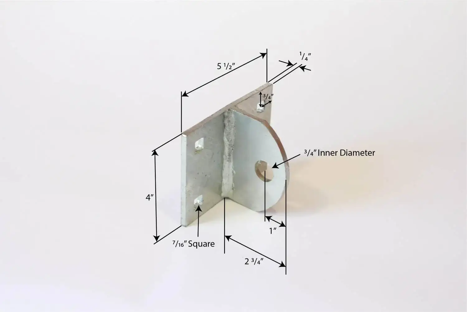 T-Hinge Plate: L-shaped metal bracket with 3/4" round cutout for aluminum docks, 5-1/2"x4"x2-3/4"x1", 7/16” base, 1/4" thick.