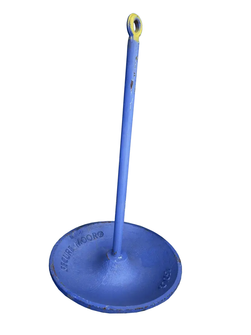 The Mushroom Anchor from Great Northern Docks features a blue, round flat base and tall shank—ideal for securing wood docks.