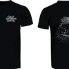 Black T-Shirt - GND features the Great Northern Docks logo on the front; back showcases it above a lakeside cabin, boat, and pine trees—ideal for dock enthusiasts.