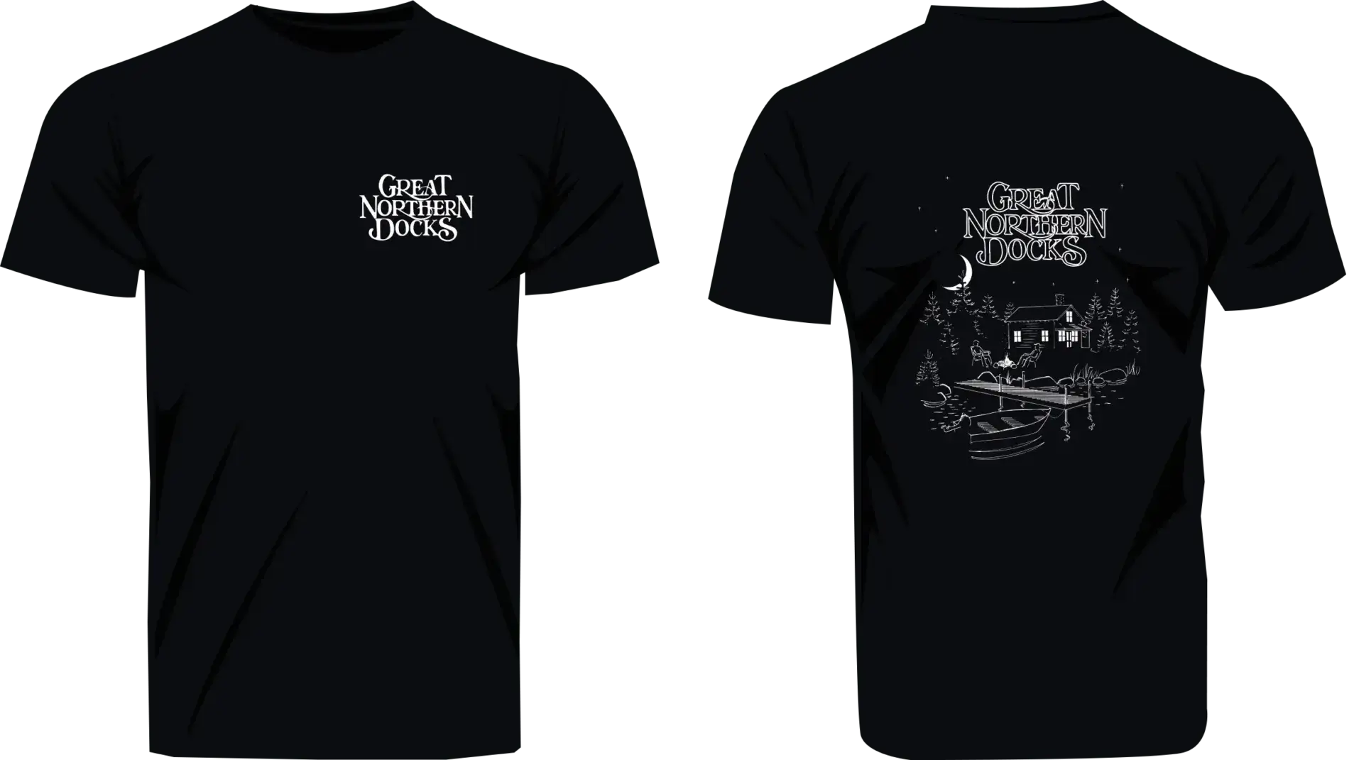 Black T-Shirt - GND features the Great Northern Docks logo on the front; back showcases it above a lakeside cabin, boat, and pine trees—ideal for dock enthusiasts.