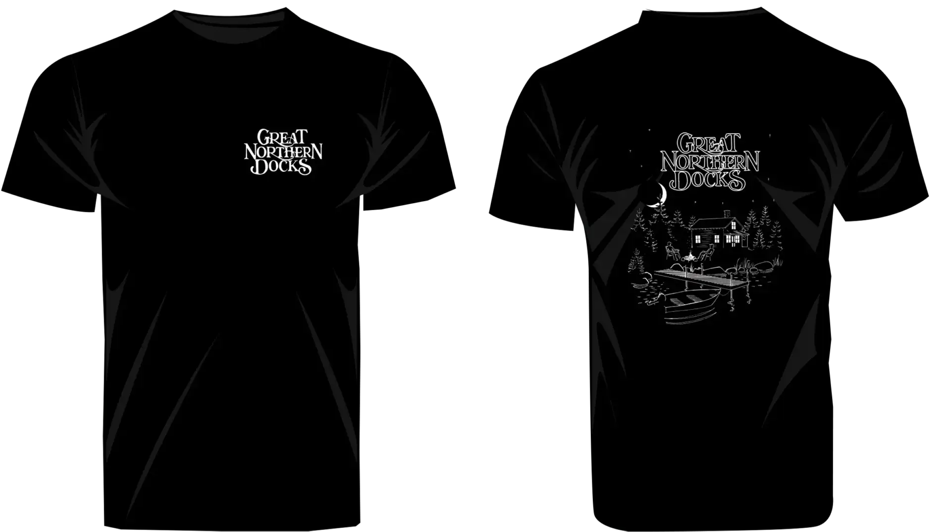 T-Shirt - GND: Black tee with "Great Northern Docks" on the front and a Maine docks scene with dock, boat, cabin, and matching text on the back.