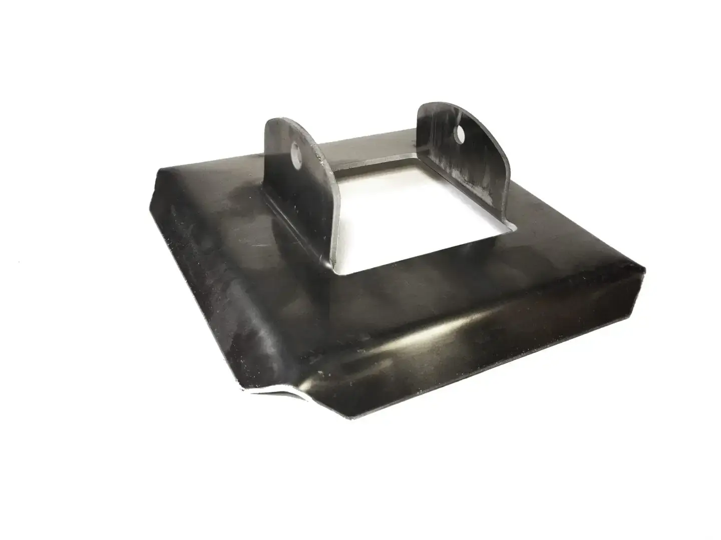 The 4x4 Post Foot is a black metal bracket with a square base and two upright tabs with round holes, used in Great Northern Docks aluminum docks.