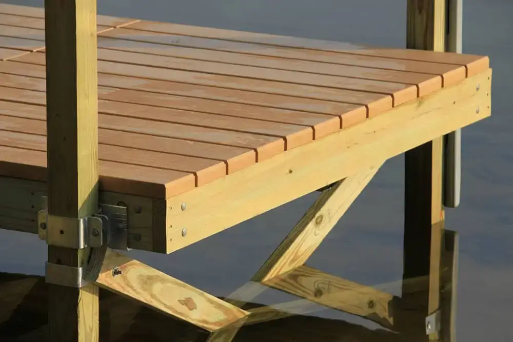 Close-up of a Maine dock corner over calm water, showing wet and dry wood planks with sturdy 4x4 Post Brackets supporting the beams underneath.