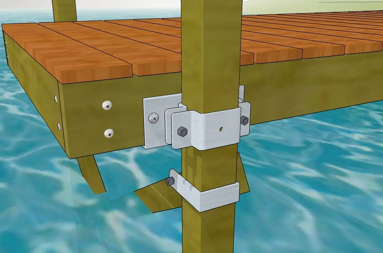 Close-up of a wooden dock secured with 4x4 Post Brackets to vertical posts above blue water, by Great Northern Docks in Maine.
