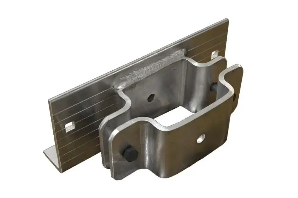 The 4x4 Post Bracket features bolts, a welded seam, and slotted holes—perfect for attaching structural parts to Wood or Aluminum Docks by Great Northern Docks.