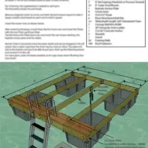 Plan - Swim Raft 8'x8': diagram with ladder, floating on water, labeled frame parts, and materials list—perfect for Maine Docks or Great Northern Docks projects.