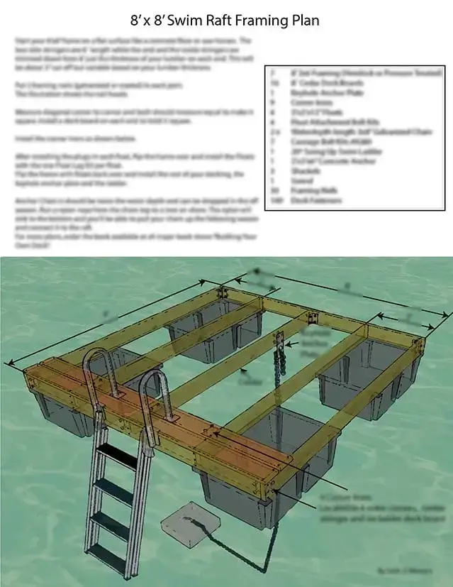 Plan - Swim Raft 8'x8': diagram with ladder, floating on water, labeled frame parts, and materials list—perfect for Maine Docks or Great Northern Docks projects.