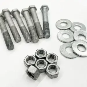 The Galvanized Hex Bolt Kit includes six metal bolts, hex nuts, and flat washers—perfect for Great Northern Docks or aluminum and wood dock projects.