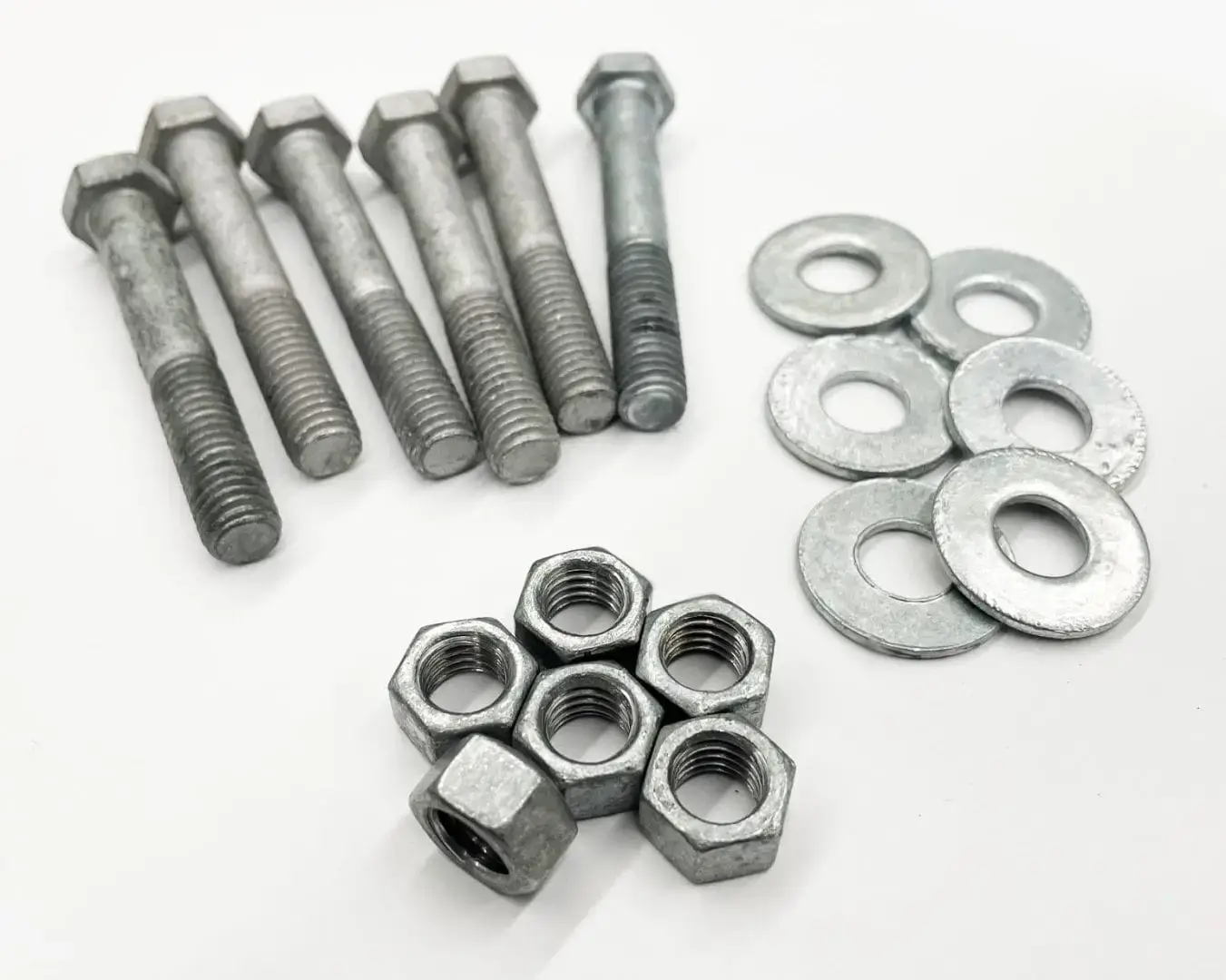 The Galvanized Hex Bolt Kit includes six metal bolts, hex nuts, and flat washers—perfect for Great Northern Docks or aluminum and wood dock projects.