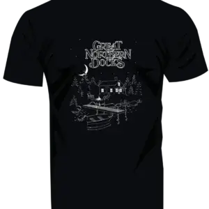 Black T-Shirt - GND: Features a white night scene of a lakeside cabin, boat, and trees with "Great Northern Docks" text, inspired by classic Maine docks.