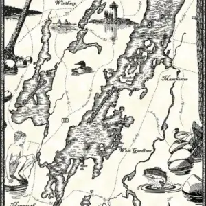 Hand-drawn map of Cobbosseecontee Lake features labeled towns, islands, swimmer, canoeist at Great Northern Docks, loon, and pine branch border.