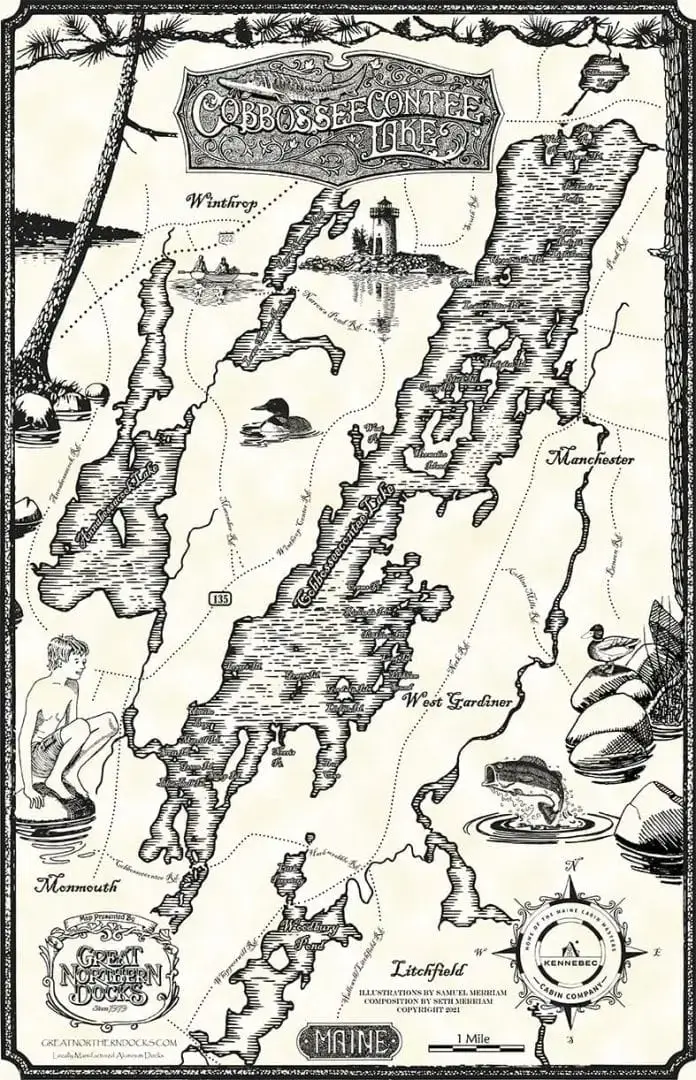 Hand-drawn map of Cobbosseecontee Lake features labeled towns, islands, swimmer, canoeist at Great Northern Docks, loon, and pine branch border.