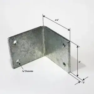 The Corner Stiffener 90º is a metal L-shaped bracket for aluminum docks with four ⅜" holes, measuring 4"x4½", shown on a white background.