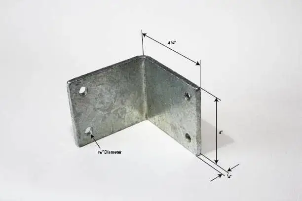 The Corner Stiffener 90º is a metal L-shaped bracket for aluminum docks with four ⅜" holes, measuring 4"x4½", shown on a white background.