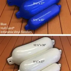 Inflatable Boat Bumpers in blue and white, available in three sizes, protect your vessel at Maine Docks or classic wood docks.