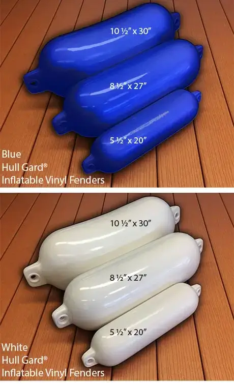 Inflatable Boat Bumpers in blue and white, available in three sizes, protect your vessel at Maine Docks or classic wood docks.