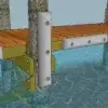 3D rendering of a Guardian Bumper by Great Northern Docks, installed on a wooden dock with metal brackets and posts in clear, shallow water.