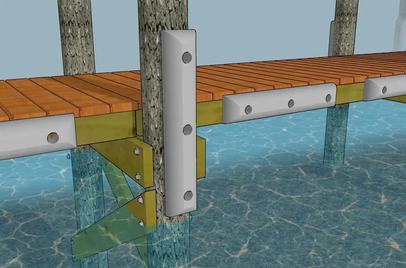 3D rendering of a Guardian Bumper by Great Northern Docks, installed on a wooden dock with metal brackets and posts in clear, shallow water.