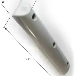 Guardian Bumper: gray, elongated with rounded edges and 4 holes; measures 36" long, 6.5" wide at one end, 3.5" at the other—ideal for Great Northern Docks; shown with dimension arrows.