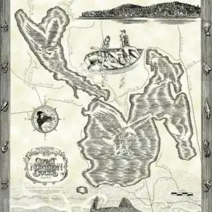 Hand-drawn map of Hancock Pond featuring two people in a boat, a large fish, Wood Docks, decorative borders, and labeled “Great Northern Ducks.”.