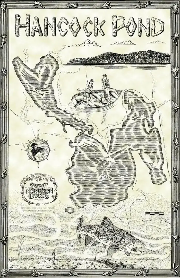 Hand-drawn map of Hancock Pond featuring two people in a boat, a large fish, Wood Docks, decorative borders, and labeled “Great Northern Ducks.”.