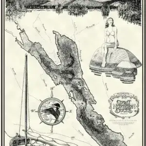 Black and white illustrated map of Highland Lake Bridgton, Maine, showing the lake, a woman on a rock, a sailboat, and the Great Northern Docks logo.