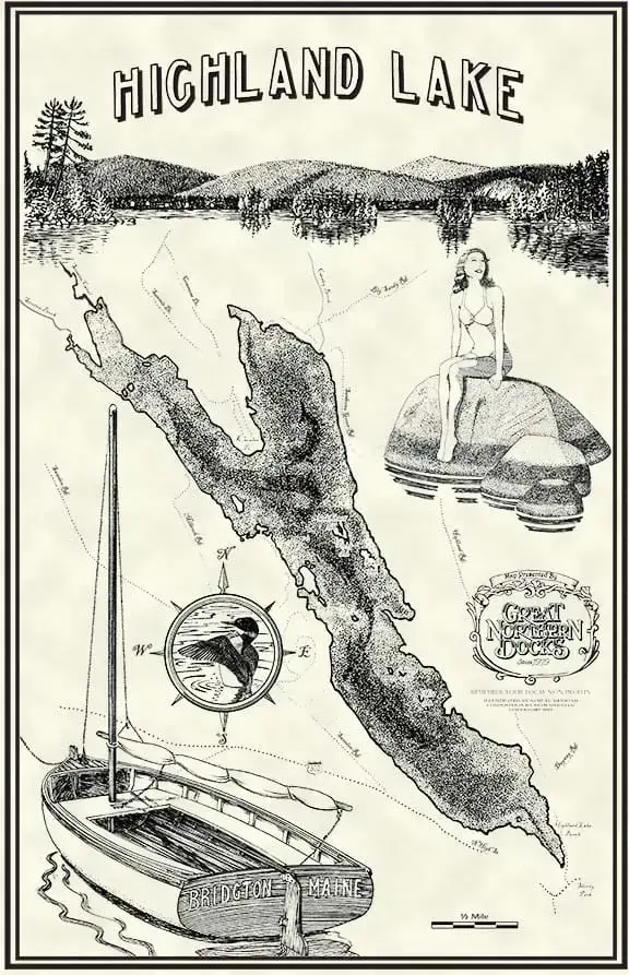 Black and white illustrated map of Highland Lake Bridgton, Maine, showing the lake, a woman on a rock, a sailboat, and the Great Northern Docks logo.