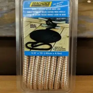 A Dock Line (2 Pack) in gold and white, double braided nylon, 3/8 x 15 ft—ideal for Maine docks—displayed on a wooden surface.