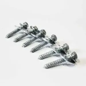 Six screws connected by a plastic strip from the Dock Float Attachment Kit (Air Filled), ideal for Maine Docks or Great Northern Docks projects.