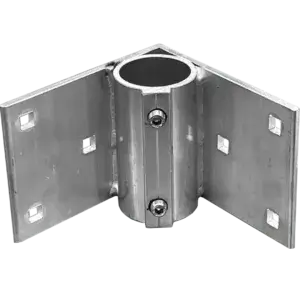 Corner Pipe Bracket: Metal L-shaped bracket with central cylindrical clamp, two plates with four square mounting holes—ideal for Wood Docks from Great Northern Docks.