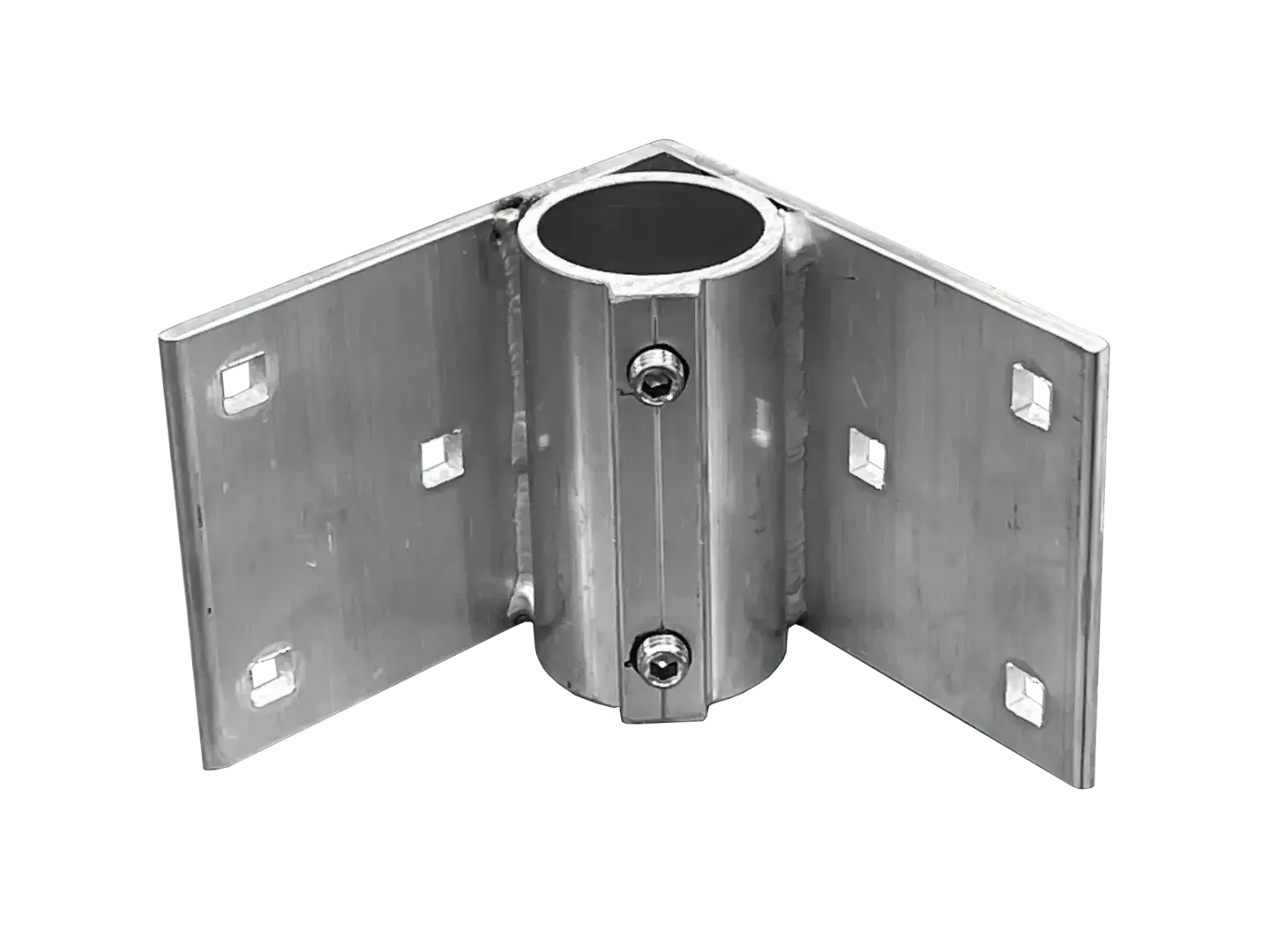 Corner Pipe Bracket: Metal L-shaped bracket with central cylindrical clamp, two plates with four square mounting holes—ideal for Wood Docks from Great Northern Docks.