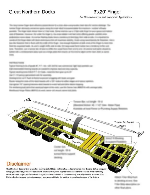 Technical diagram of the Plan - Finger Dock 3'x20', showing labeled parts, measurements, and disclaimer. Perfect for Maine Docks or classic Wood Docks.