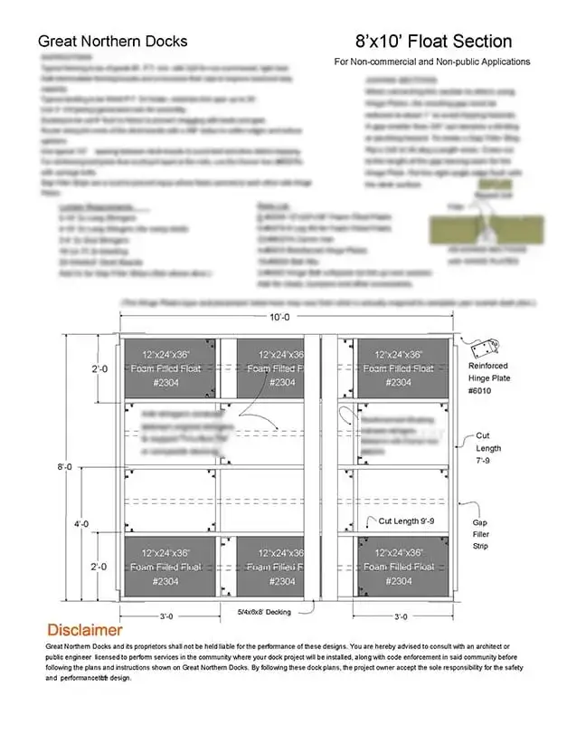 Diagram of Plan - Floating Dock 8'x10' with labeled foam-filled floats, lumber, hardware, and build notes—perfect for Maine Docks or Wood Docks projects.