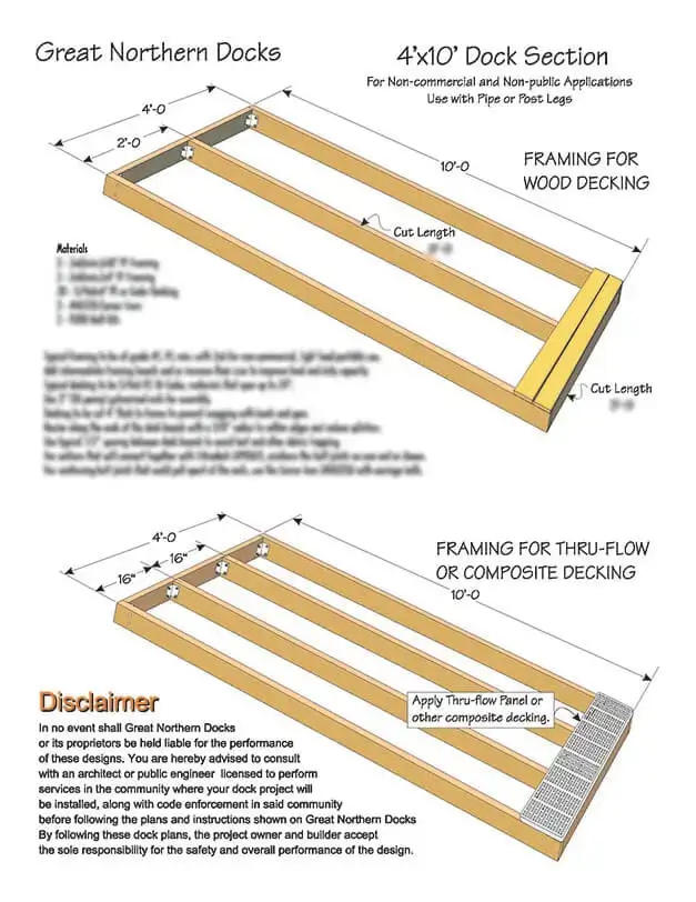 Diagram showing the framing layout for the Plan - Fixed Dock 4'x10', with labeled wood and thru-flow decking, materials list, and a disclaimer at the bottom.