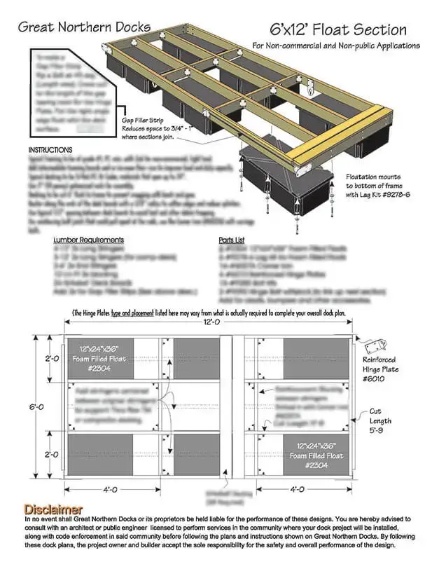 Plan - Floating Dock 6'x12' includes a 3D illustration, assembly instructions, materials list, and detailed construction measurements from Great Northern Docks.