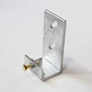 The J Bracket Connector (2 Pack) features metal L-shaped brackets with two oval holes, plus a gold screw and bolt, ideal for Wood Docks by Great Northern Docks.