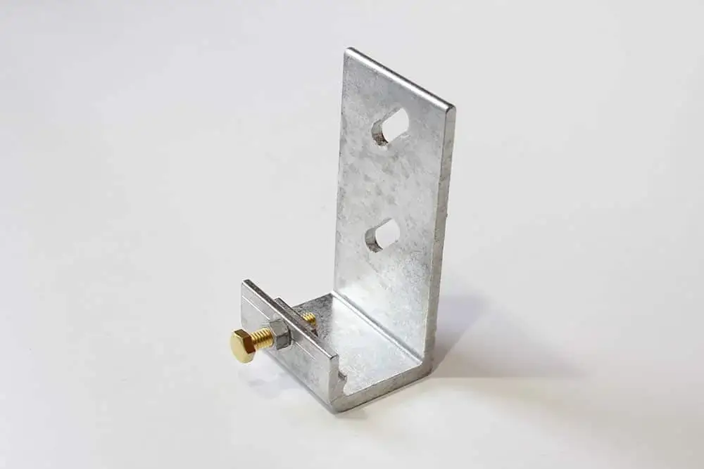 The J Bracket Connector (2 Pack) features metal L-shaped brackets with two oval holes, plus a gold screw and bolt, ideal for Wood Docks by Great Northern Docks.