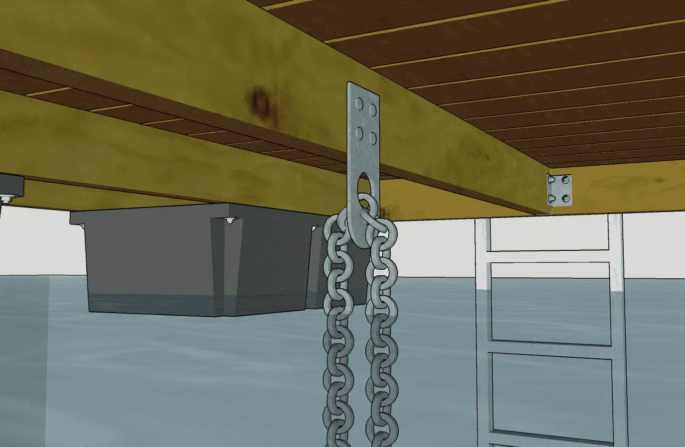 A close-up of a dock’s underside featuring the Anchor Plate Keyhole, with a chain hanging down and a metal ladder descending into the water.