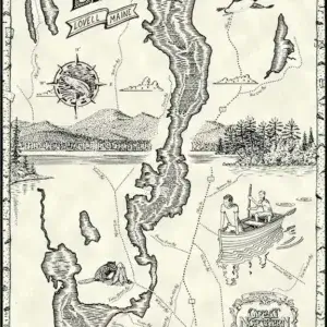 Kezar Lake: Hand-drawn map of Kezar Lake, Lovell, Maine, with mountains, trees, birds, a boat near Great Northern Docks, plus decorative text and borders.