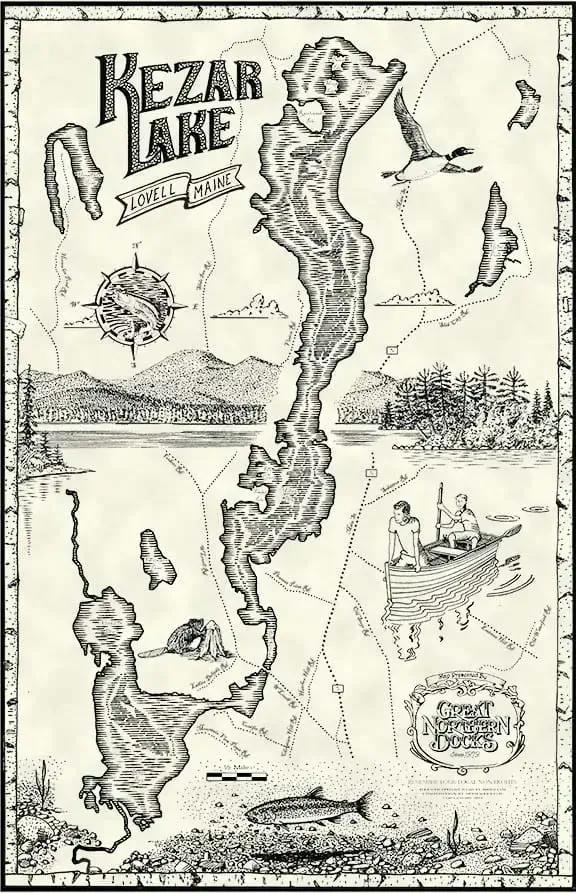 Kezar Lake: Hand-drawn map of Kezar Lake, Lovell, Maine, with mountains, trees, birds, a boat near Great Northern Docks, plus decorative text and borders.