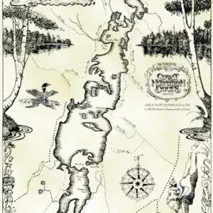 Little Sebago Lake map: a vintage-style illustration with aluminum docks, compass rose, forest scenes, animals, and decorative borders.