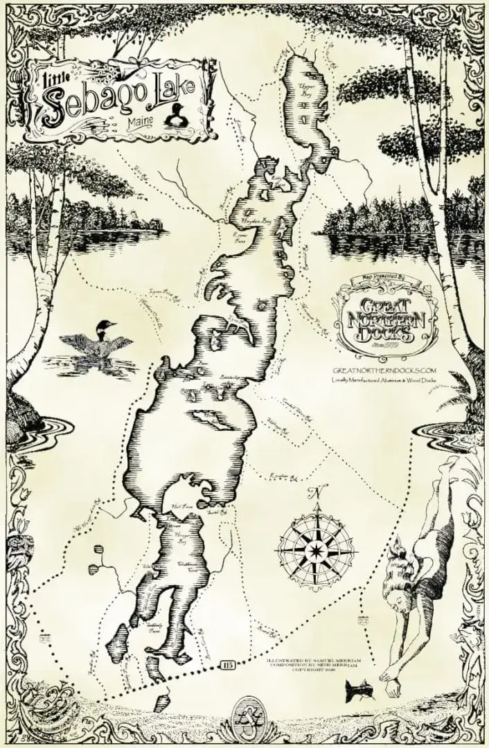 Little Sebago Lake map: a vintage-style illustration with aluminum docks, compass rose, forest scenes, animals, and decorative borders.