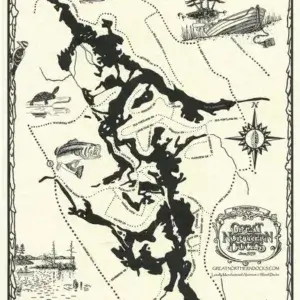 Vintage illustrated map of Lake Arrowhead featuring the lake’s outline, boats, fish, trees, decorative borders, outdoor activities, and classic Great Northern Docks.