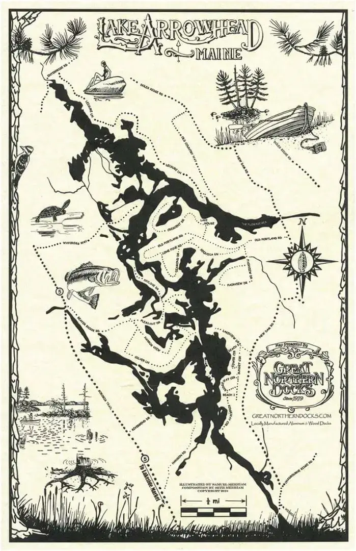 Vintage illustrated map of Lake Arrowhead featuring the lake’s outline, boats, fish, trees, decorative borders, outdoor activities, and classic Great Northern Docks.