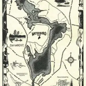 Little Ossipee Pond: Hand-drawn 1787 map with trails, wildlife art, and bird/boat border by Great Northern Docks—Aluminum Dock experts.