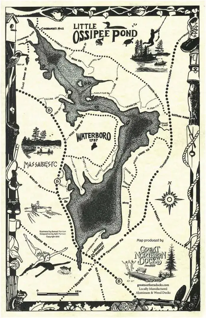 Little Ossipee Pond: Hand-drawn 1787 map with trails, wildlife art, and bird/boat border by Great Northern Docks—Aluminum Dock experts.