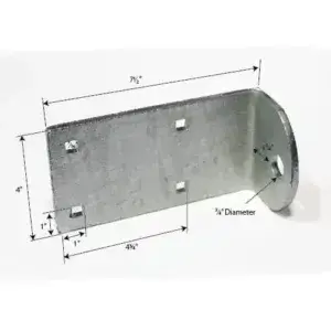 The Short L Hinge Plate is a rectangular metal bracket, 7.5" x 4", with square and circular holes—perfect for Aluminum Docks or Maine Docks systems.